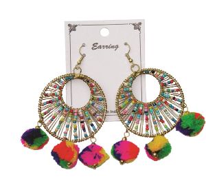 Beaded Earrings w/ 3 Pom Poms