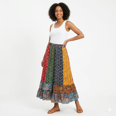 Paisley Print Patchwork Maxi Skirt with Frill