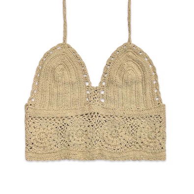 Crochet Midriff Top Lace-Up Back with Woven Pattern