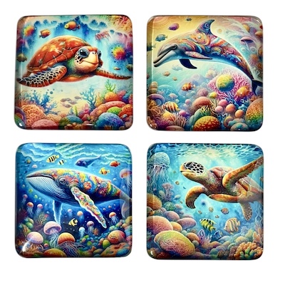 4 x Square Sea Animals Glass Fridge Magnet