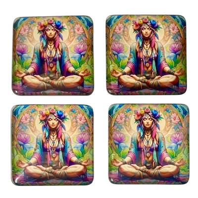 4 x Square Meditating Lady Glass Fridge Magnets