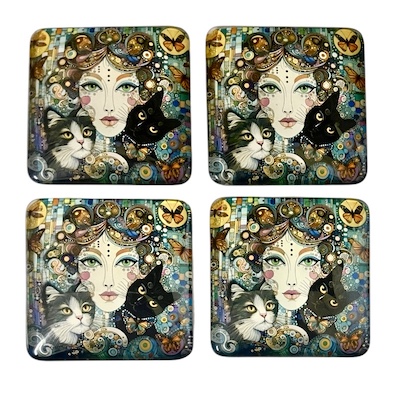 4 x Square 2 Cat Lady Glass Fridge Magnets