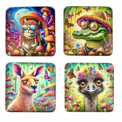4 x Square Stoned Animals Glass Fridge Magnets