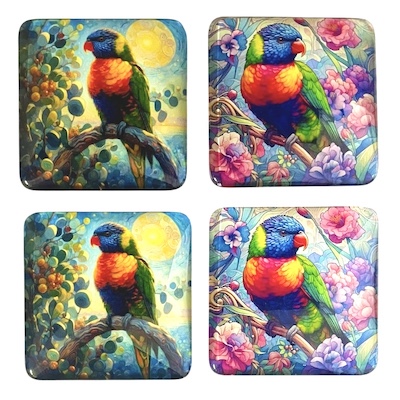 4 x Square Lorikeet Glass Fridge Magnets