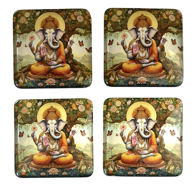 4 x Square Ganesh God Glass Fridge Magnets