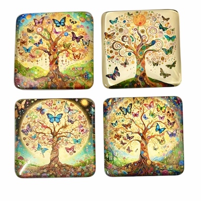 4 x Square Butterfly Tree Glass Fridge Magnets