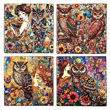 Owl Lady Ceramic Coaster Set of 4