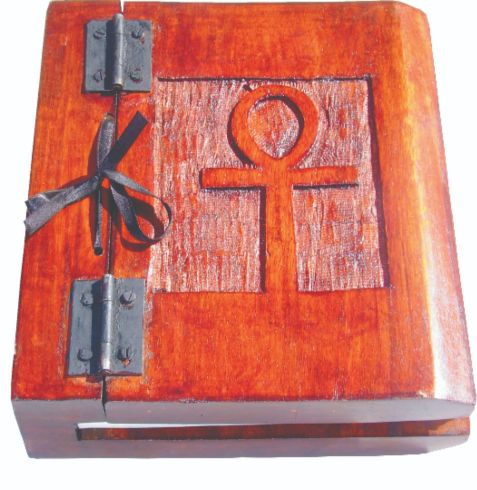 Wooden Book with Carved Ankh