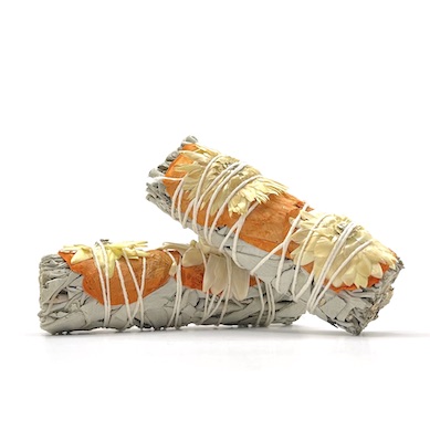 10cm White Sage with Orange Rose Petals & 2 Paper Flowers Smudge Stick
