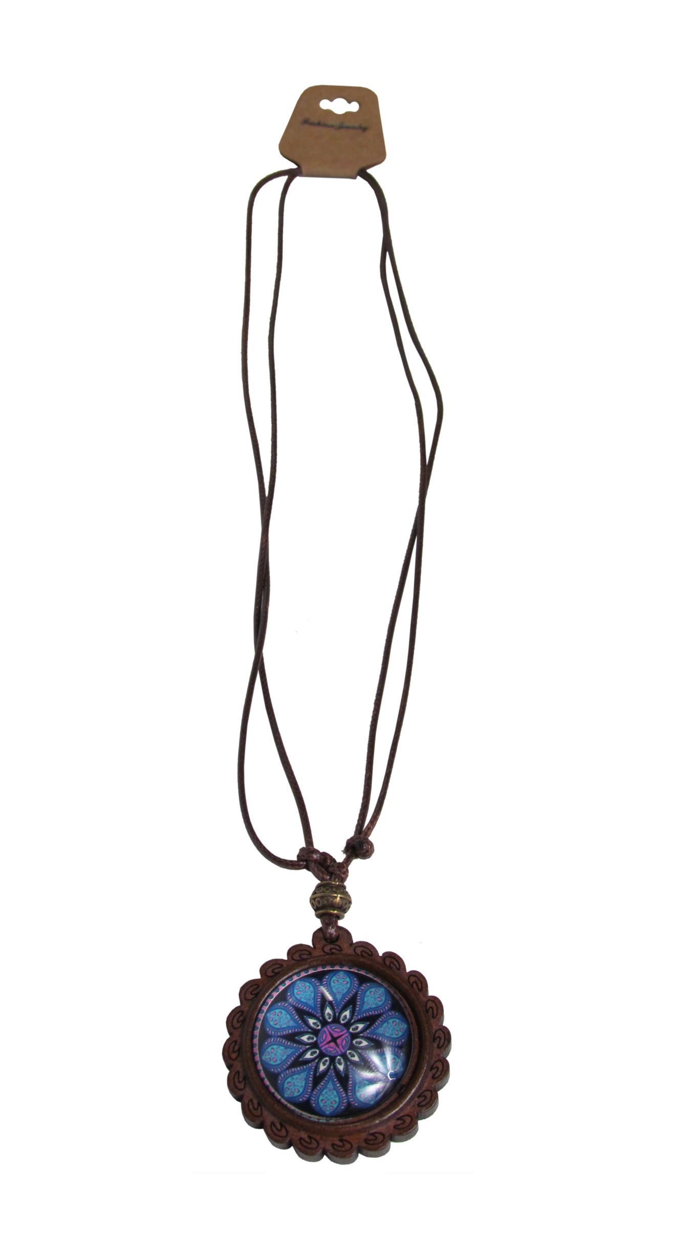 Necklace with mandala pendant in wooden looking (fake) setting