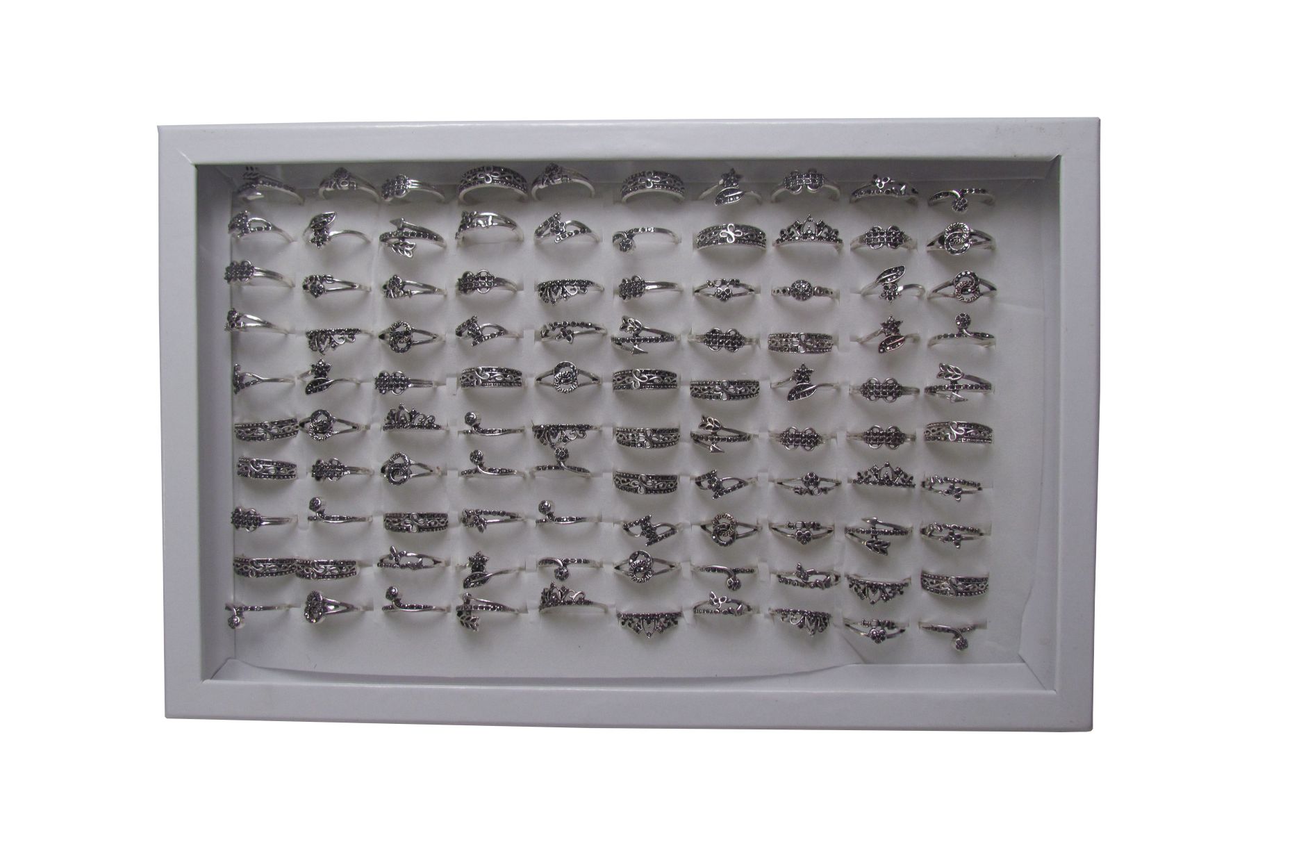 100 rings display, silver colour with marcasite stone inlay