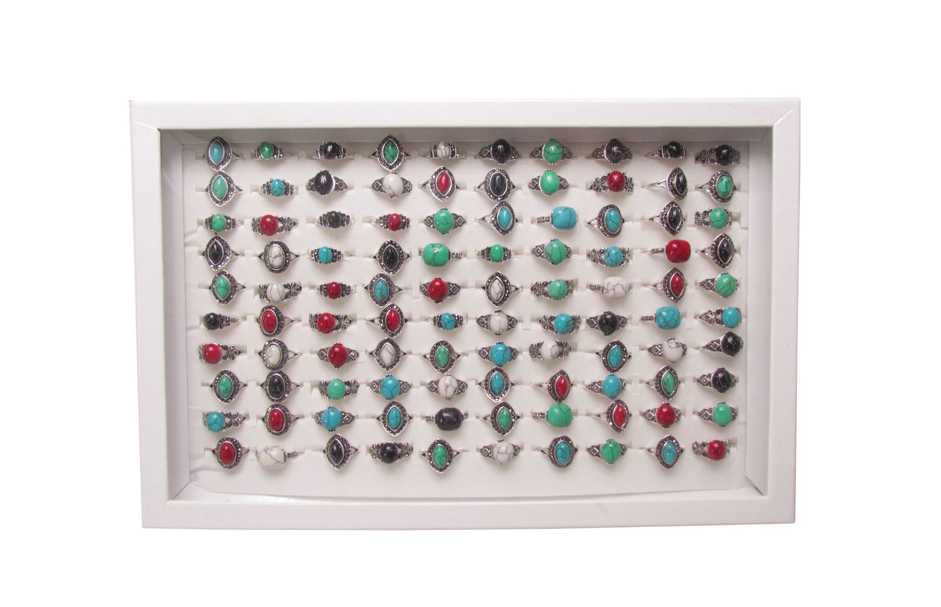 100 rings display with large fake stones inlaid
