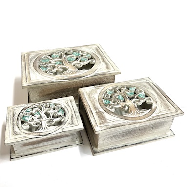 Tree of Life Carved Wooden Boxes Set of 3