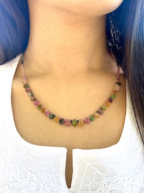 3mm Teardrop Watermelon Tourmaline Beaded Semi-Precious Stone Necklace